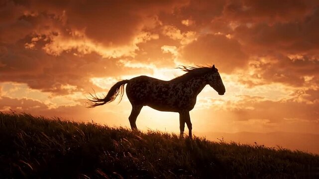 A majestic horse rearing silhouette sunset against a dramatic sky, evoking freedom and the spirit of the wild at dusk