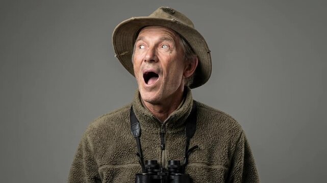 Surprised senior man in outdoor clothing with binoculars and hat looking amazed against gray background