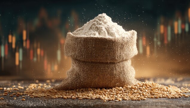 Sack of Flour and Grains with Blurred Stock Market Background.