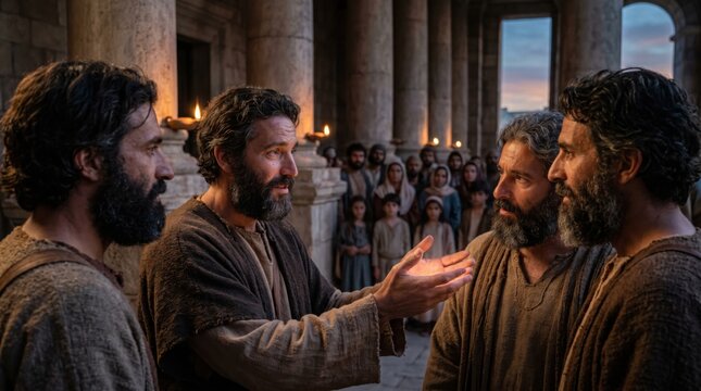 Apostles preaching in Solomon&rsquo;s Portico. Biblical men gathering with crowd in ancient temple courtyard. Historical scene representing ministry of disciples and Acts of the Apostles.
