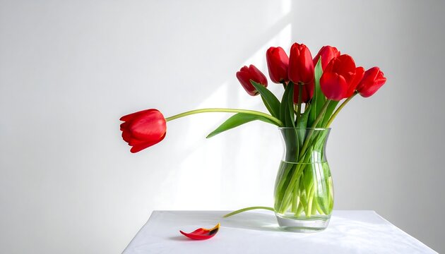 Red Tulips in Glass Vase Alone.