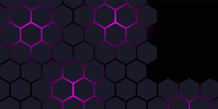 Dark gray and red horizontal hexagonal technology abstract vector background. red bright energy flashes under hexagon in futuristic modern technology wide banner. Dark gray honeycomb texture grid.