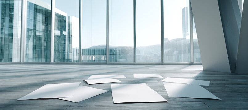 Scattered documents on the floor of a modern office building with large windows.