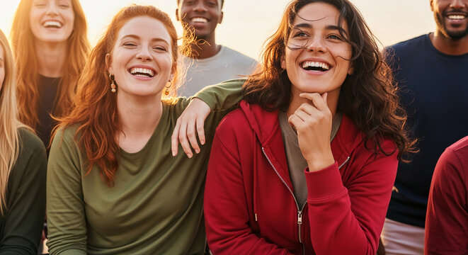 Group of diverse people laughing together, representing friendship and community, showing joyful emotion and positive social interaction, symbolizing unity