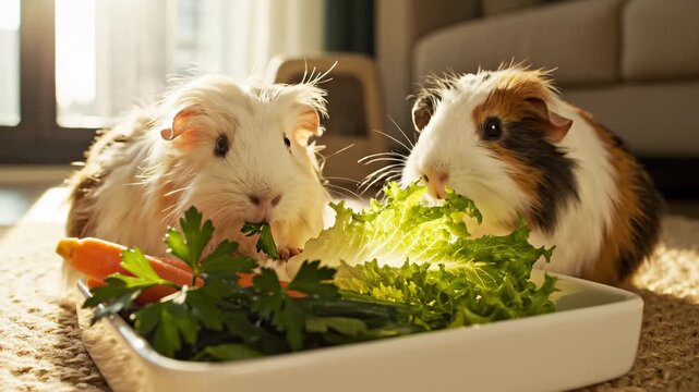 Two Adorable Guinea Pigs Happily Eating Fresh Vegetables From a Bowl Indoors