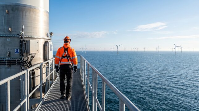 Male technician walking on offshore wind platform renewable energy clean technology sustainable future industrial engineer checking turbines