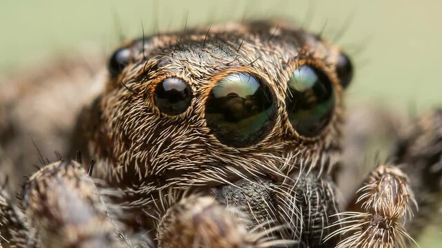 Close up macro shot of a jumping spider with detailed eyes and hairy body on natural background