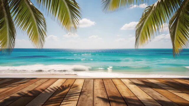 Peaceful tropical beach with palm trees swaying above a wooden deck on a sunny day