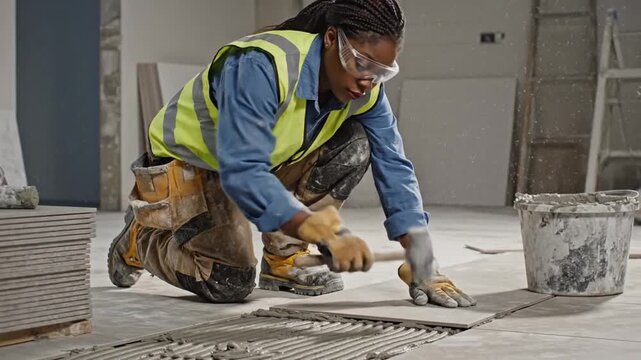 Ceramic Floor Laying In Progress. Professional Tiler Carefully Aligning And Sealing Ceramic Tiles. Detailoriented Tiler Ensures Accurate Placement And Clean Finishing Of Ceramic Flooring