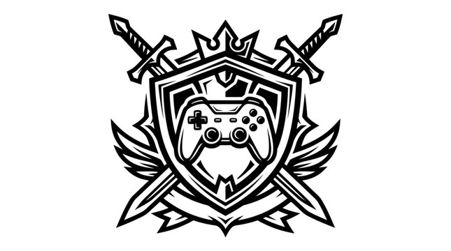 Gaming emblem with controller swords crown and shield