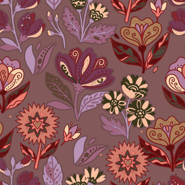 Bohemian seamless floral pattern featuring stylized retro blooms and botanical leaves in muted earth tones. Ideal for textile, wallpaper, and apparel.