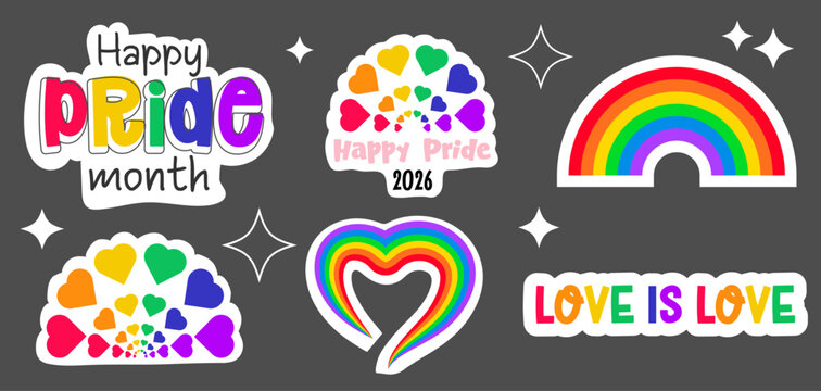 Pride rainbow month and sticker lgbt lgbtq with icon gay heart. Flag peace pack and design graphic transgender with love proud background. Homosexual pride set and festival sticker colorful.