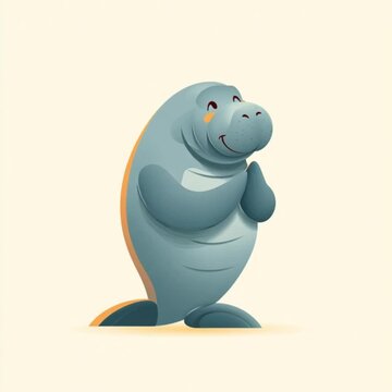 Adorable manatee mascot character waving its flipper and smiling, showcasing playful friendly animated motion, perfect for educational child-friendly cartoon video footage.