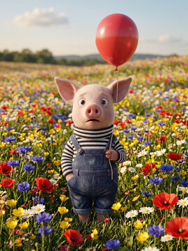 Schwein mit Luftballon auf einer Blumenwiese
