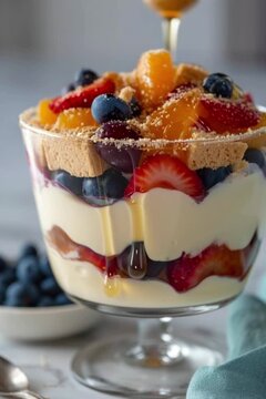 Fresh fruit trifle dessert layered with creamy yogurt and cookie crumbs getting a drizzle of golden honey in this appetizing culinary video