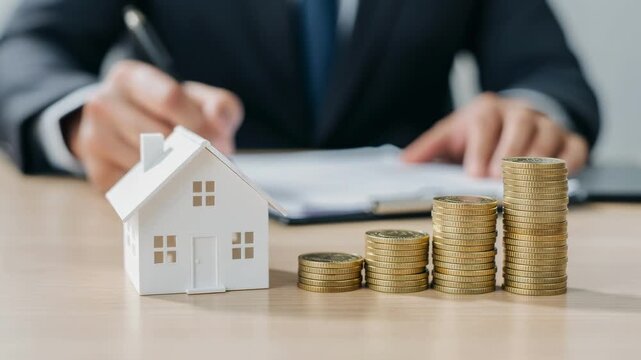 Professional person in business suit signing important documents next to miniature house and money stacks