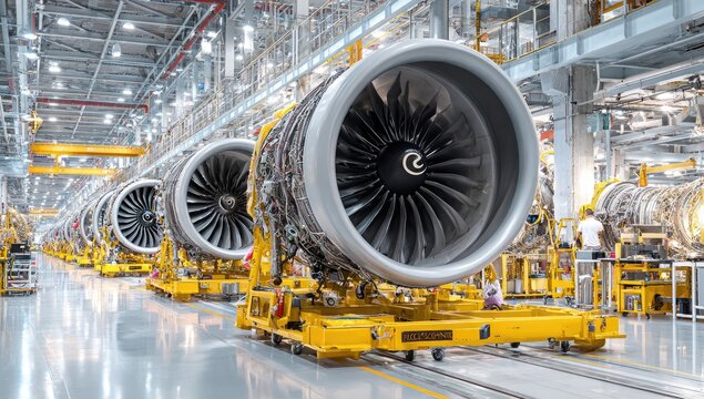 Modern Jet Engines Lined Up in a Factory Assembly Line.