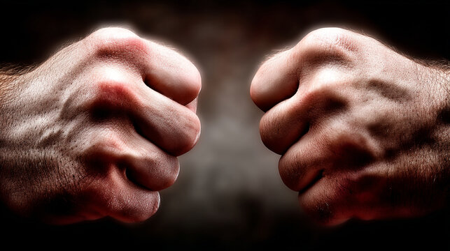 Two clenched fists facing each other in a confrontational pose with clenched fighting conflict
