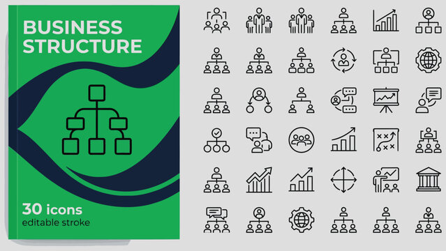 Business structure icons set with people and organization charts for presentations and reports  editable stroke