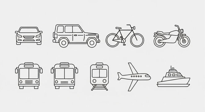 Collection of diverse transportation vehicles and modes of travel.