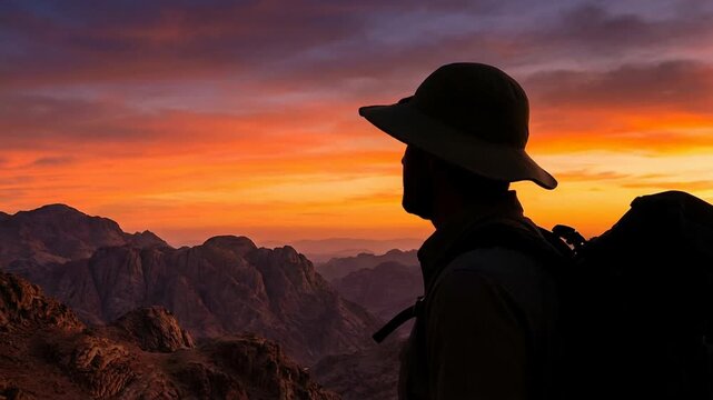 Silhouette of hiker with backpack enjoying colorful sunset over rugged mountain landscape