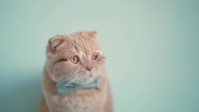 Cat wearing glasses and bow tie against pastel background for playful advertisement or pet-themed content