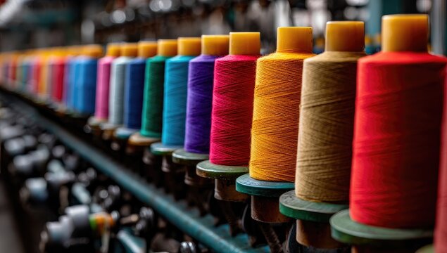 Colorful Spools of Thread Lined Up in a Textile Factory.