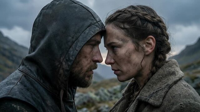 Intense emotional closeup of rugged man and woman facing each other in outdoor wilderness with dramatic moody sky