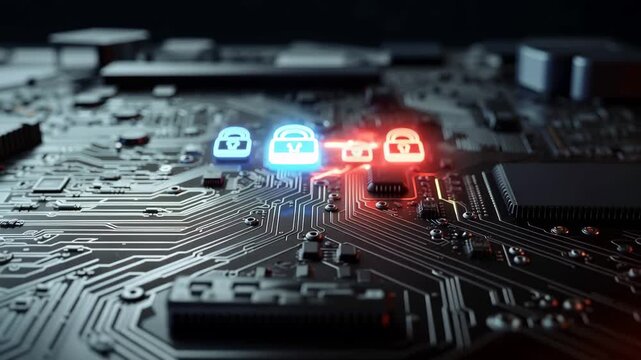 Futuristic digital circuit board with glowing neon red and blue padlocks symbolizing cyber security protection