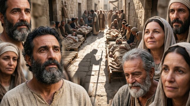 Apostle Peter walking through street with sick people on cots waiting for healing. Miracle of shadow falling on believers in ancient city. Biblical narrative scene from Acts of Apostles.