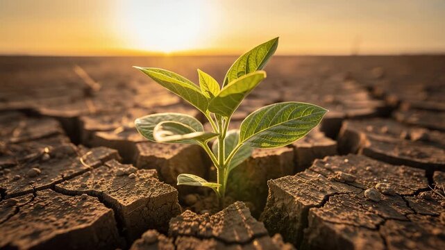 Single green plant sprouting from cracked dry earth at golden sunset warm natural growth