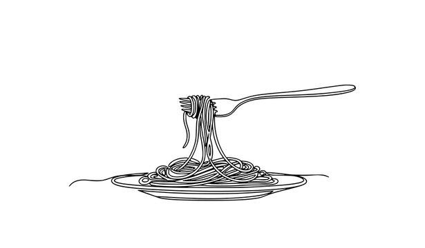 Spaghetti with fork continuous one line drawing minimal food line art vector illustration