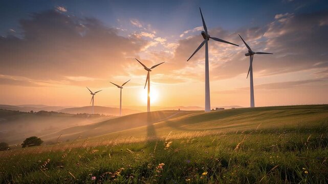 Serene sunset over rolling hills with wind turbines spinning gently and long shadows in peaceful landscape