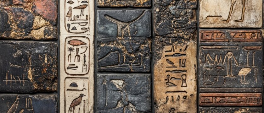 Ancient hieroglyphs carved in stone blocks detailed texture and history