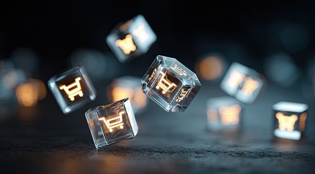 Transparent Cubes with Shopping Cart Icons Floating in Dark Environment.