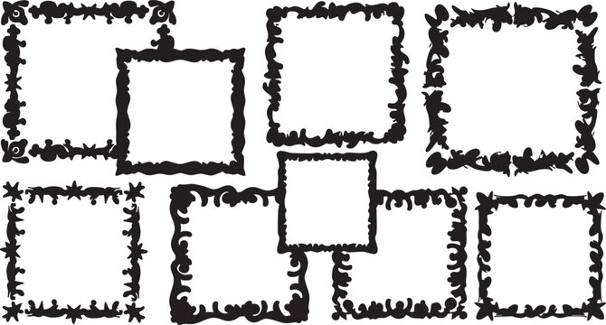 Abstract doodle square frame set, hand drawn geometric borders with irregular rough edges minimal style