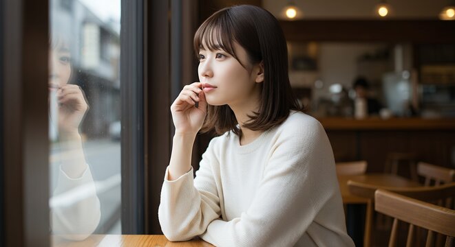 窓から差し込む光の中で考え事をする女性