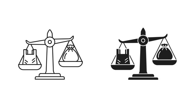 Justice scale icon set with outline and solid styles, law and balance concept, white background, vector Illustration