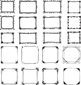 Minimal abstract square doodle frames, hand drawn geometric borders with rough edges and vintage touch
