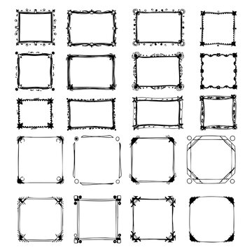 Minimal abstract square doodle frames, hand drawn geometric borders with rough edges and vintage touch