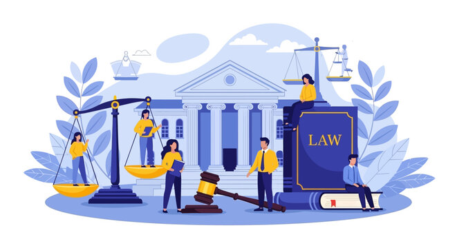 Flat illustration of law professionals working with legal symbols and a courthouse in the background with blue tones.