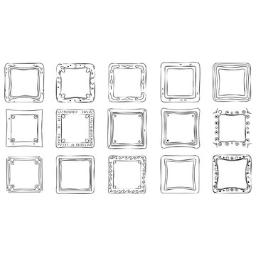 Minimal abstract square doodle frames, hand drawn geometric borders with rough edges and vintage touch