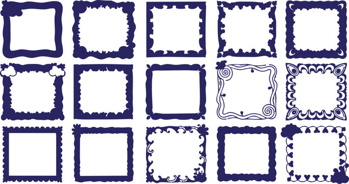 Hand drawn animal doodle frame set, cute cartoon borders with pets and wavy edges decorative design