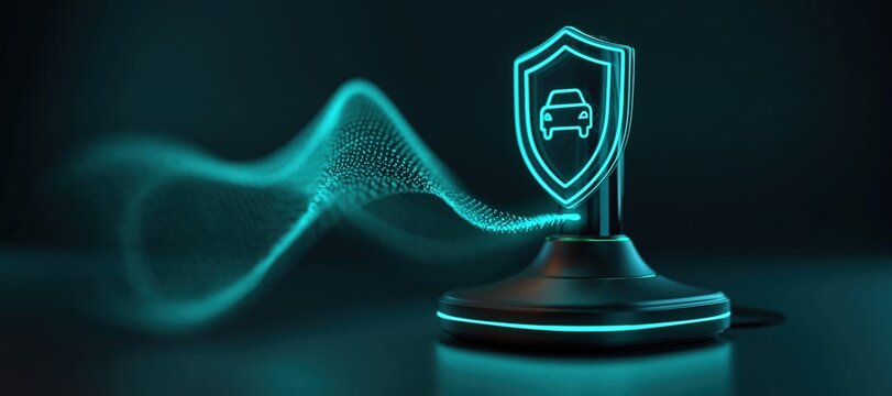 Holographic waveform rising from breath test device to shielded car icon for impaired driving preven
