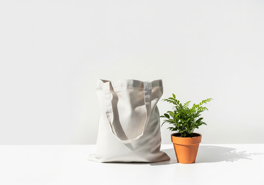 白背景にキャンバストートバッグと植物の鉢