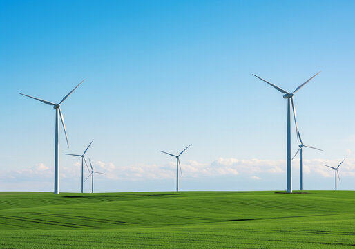 青空と草原に立ち並ぶ白い風力発電機