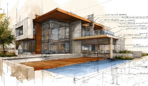 Architectural Sketch of a Modern Luxury Residence with Pool and Deck.