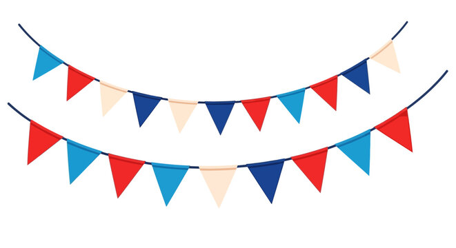 Colorful triangular pennant banners in red, blue, and white hanging against a white background.