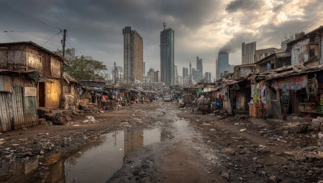 Urban Slum Contrasting with Modern Skyscrapers Under a Dramatic Sky.