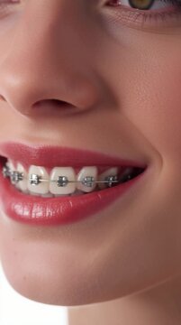 Close Up Portrait Beautiful Woman With Dental Braces Studio Lighting White Background 4K Detail